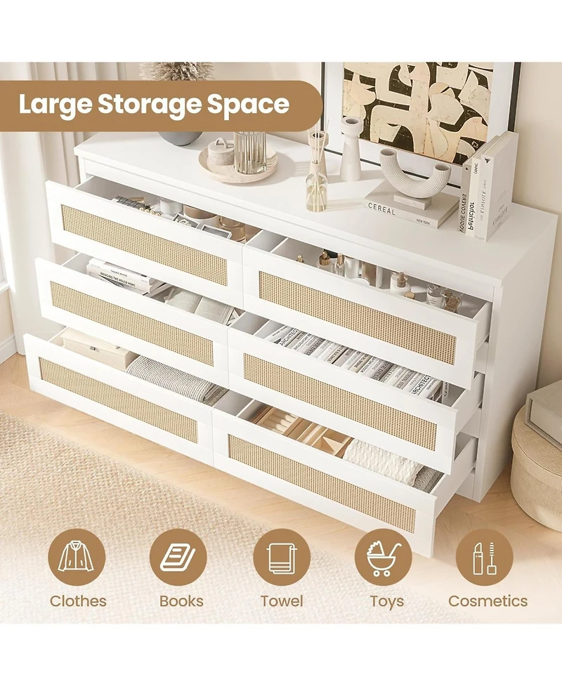 gaomon 6 Drawer Double Dresser for Bedroom, Rattan Bedroom with Smooth Mental Slide, Modern Wood Chest Living Room, Hallway,