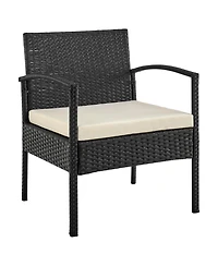 Flynama 4 Piece Black and Cream Outdoor Conversation Patio Set with 2 Armchairs 1 Loveseat and Tempered Glass Coffee Table for Backyard Porch Garden