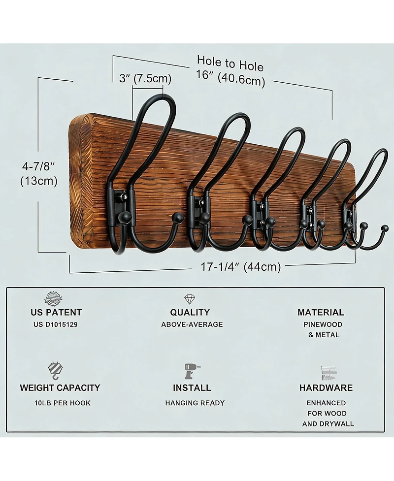 Yigii Heavy Duty Rustic Wall Coat Rack with 5 Hooks - Easy Install - Pack of 2