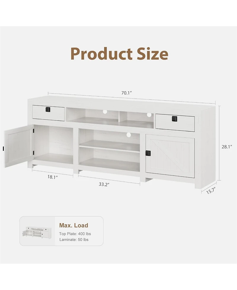 gaomon Farmhouse Tv Stand for 75/80 Inch TVs, 70" Long Entertainment Center with 4 Storage Drawers & 3 Open Shelf