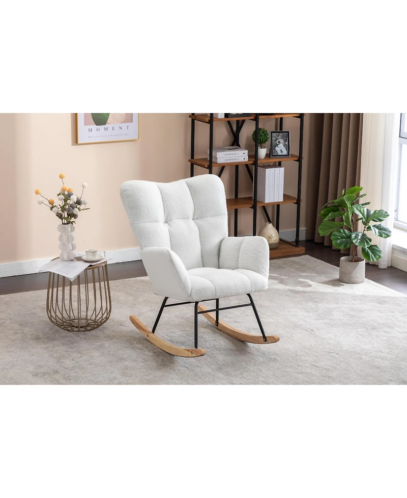 Flynama Ivory Teddy Fabric Nursery Rocking Glider Chair with Wooden Frame Metal Base Rocking Legs 250 Lbs Capacity for Living Room Bedroom