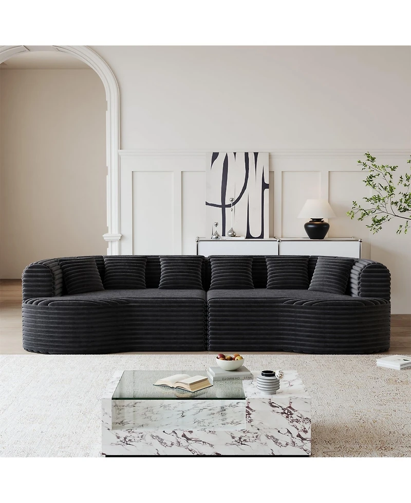 Clihome 106.3" Luxury Corduroy Sofa 4-Seater with 6 Cushions, Curved Sectional Sofa