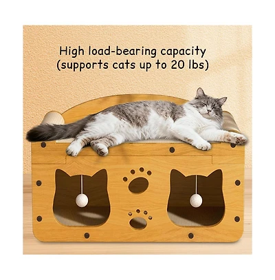 Aostirmotor Multi-Functional Wooden Cat Bed with Scratching Pad & Interactive Toys