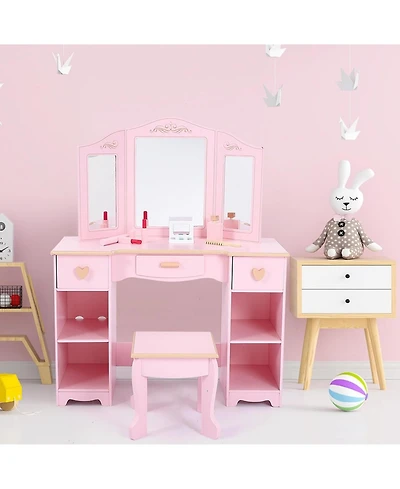 Gaomon Pink Kids Princess Luxury Vanity Set, Perfect Gift Dressing Table with Coordinating Stool