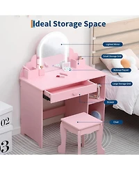 Gaomon Pink 2-in-1 Kids Lighted Vanity Set, Sweet Makeup Table with Matching Stool
