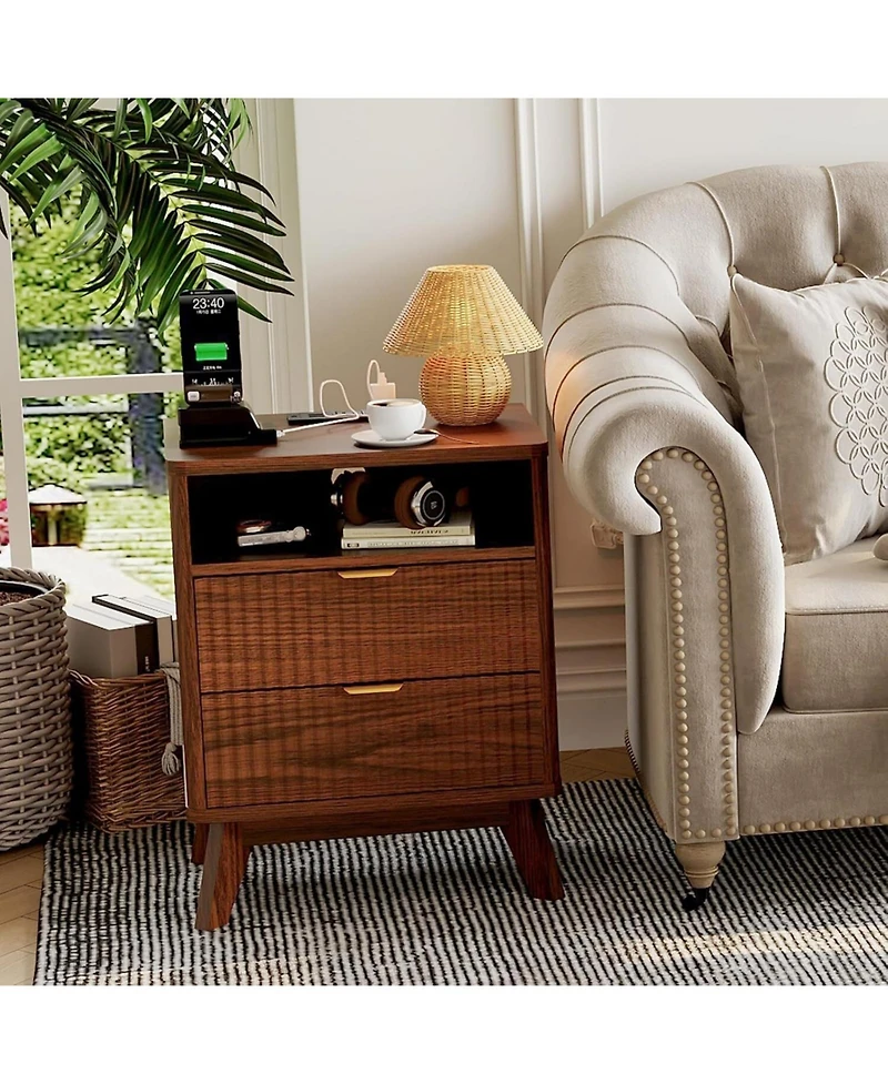 gaomon Fluted Wood Nightstand, 2-Drawer Bedside Table with Usb Charging Station & Open Shelf