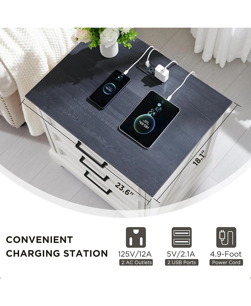 gaomon Set of 2 Off White Farmhouse Nightstands, 22 Inch 3-Drawer End Table with Usb Charging Station