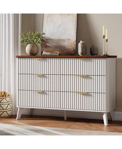 Gaomon 47.2" Fluted Dresser with 6 Deep Drawers and Faux Marble Top, Curved Profile Design, Modern Wooden Chest for Bedroom