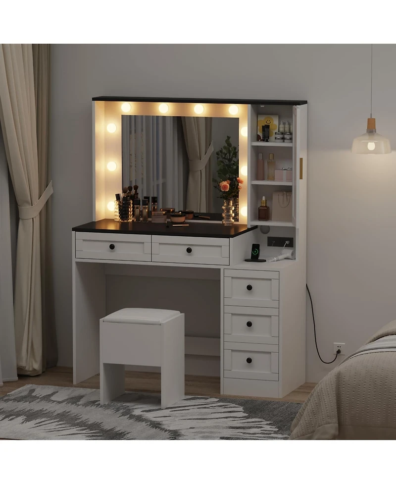 Gaomon Makeup Vanity Desk Lighted Mirror and Cushioned Stool Wooden Dressing Table