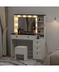 Gaomon Makeup Vanity Desk Lighted Mirror and Cushioned Stool Wooden Dressing Table