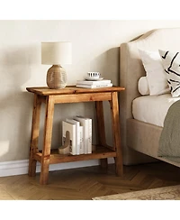 Tribesigns Solid Wood End Tables, Narrow 2-Tier Side Table for Small Spaces, Farmhouse Bedside Table Nightstands with Storage