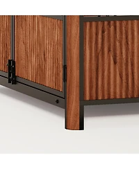 Aostirmotor 43" Furniture Style Dog Crate End Table, Walnut Fluted Wood Pet House for Large Dogs, Double Door Design