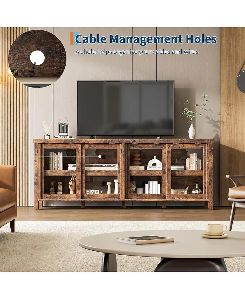 Gaomon 65 inch Tv Stand for 70" TVs, Entertainment Center with Storage Cabinet and 4 Sliding Glass Doors, Brown