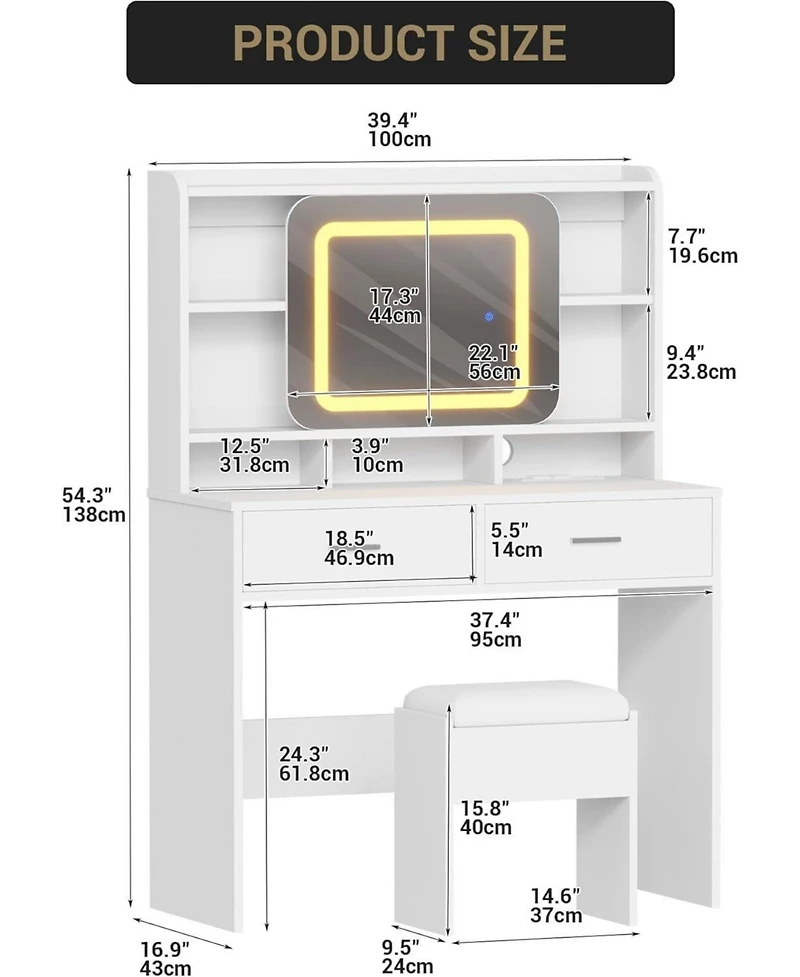 Gaomon White 2-Drawer Vanity Desk, Lighted Makeup Table with Charging Station & Storage Shelves
