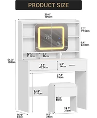 Gaomon White 2-Drawer Vanity Desk, Lighted Makeup Table with Charging Station & Storage Shelves