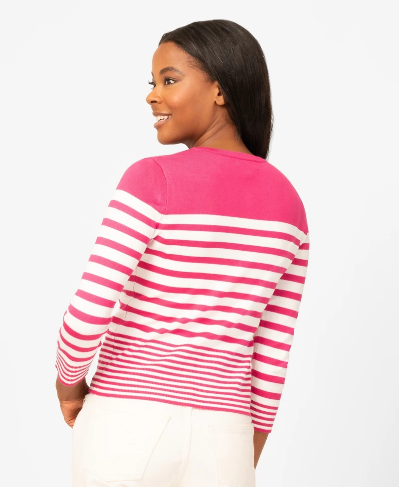 Melissa Paige Petite Mixed Stripe Button Crewneck Cardigan Sweater