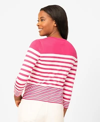Melissa Paige Petite Mixed Stripe Button Crewneck Cardigan Sweater