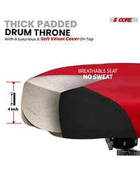 5 Core Drum Throne w Backrest 4" Padded Adjustable 26.5" Drummer Stool w Velvet Top 441Lb Capacity
