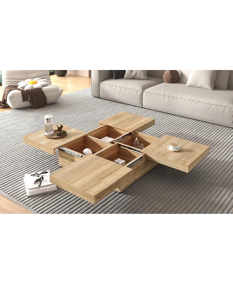 Streamdale Furniture Square Veneer Coffee Table Sliding Top with Storage Natural Wood Grain 39.4"