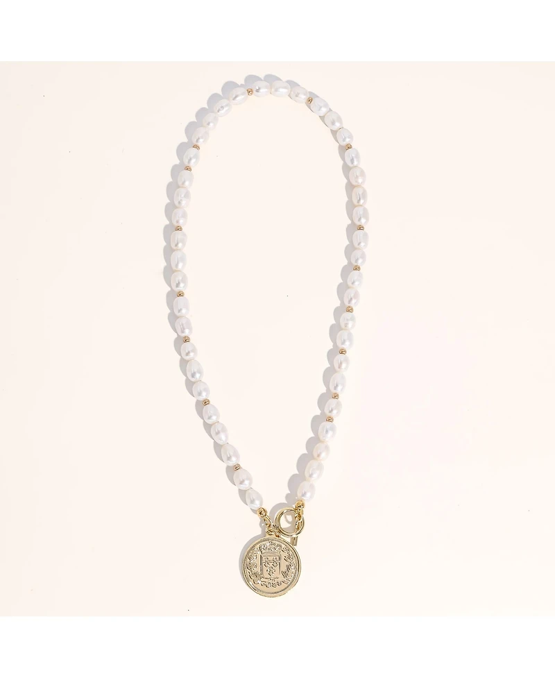 18K Gold Plated Freshwater Pearls with a Coin Pendant - Giorgia Pearl Necklace 17" For Women