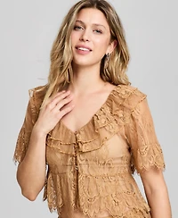 And Now This Women's Lace Short-Sleeve V-Neck Ruffle Woven Top, Macy's Exclusive