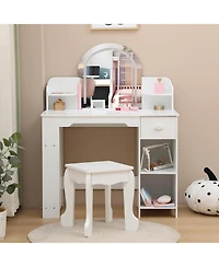 Gaomon 2-in-1 Kids Vanity Set, Lighted Mirror Table with Stool & Storage Bookshelf