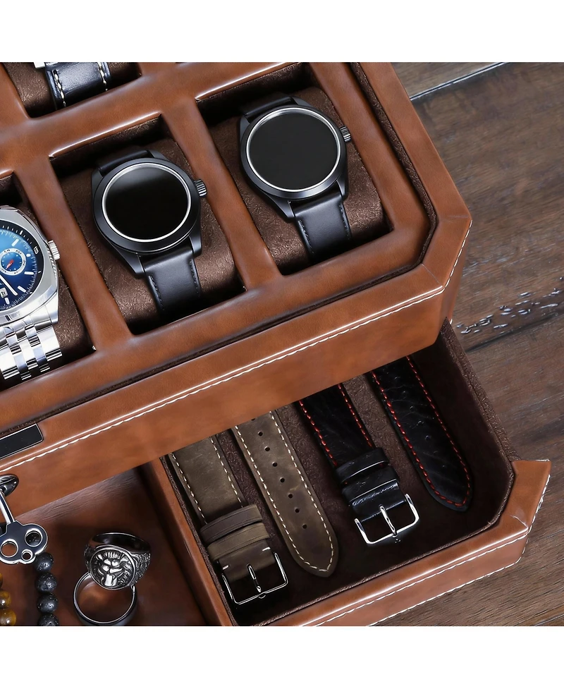 Yigii Luxury Watch Box - 12 Watches, Pu Leather, Glass Lid, Accessory Drawer