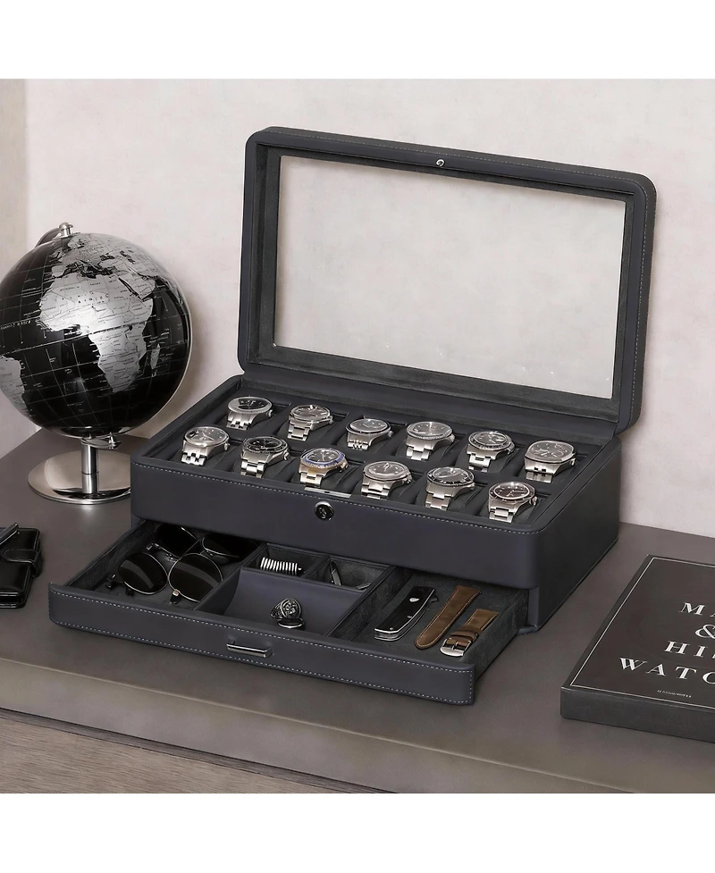 Yigii Luxury Watch Box - 12 Watches, Pu Leather, Glass Lid, Accessory Drawer