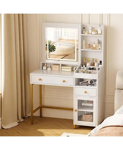 Gaomon 2-Drawer Vanity Desk, Lighted Makeup Dressing Table with Built-in Power Outlet