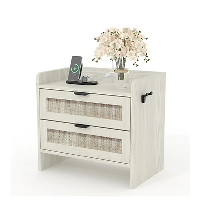 gaomon 1PC White Rattan Nightstand, 2-Drawer Bedside Table with Type-c Charging Station