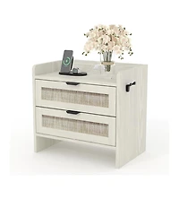 gaomon 1PC White Rattan Nightstand, 2-Drawer Bedside Table with Type-c Charging Station