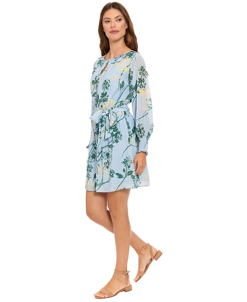 London Times Women's Bishop-Sleeve Sash Belt Short Dress