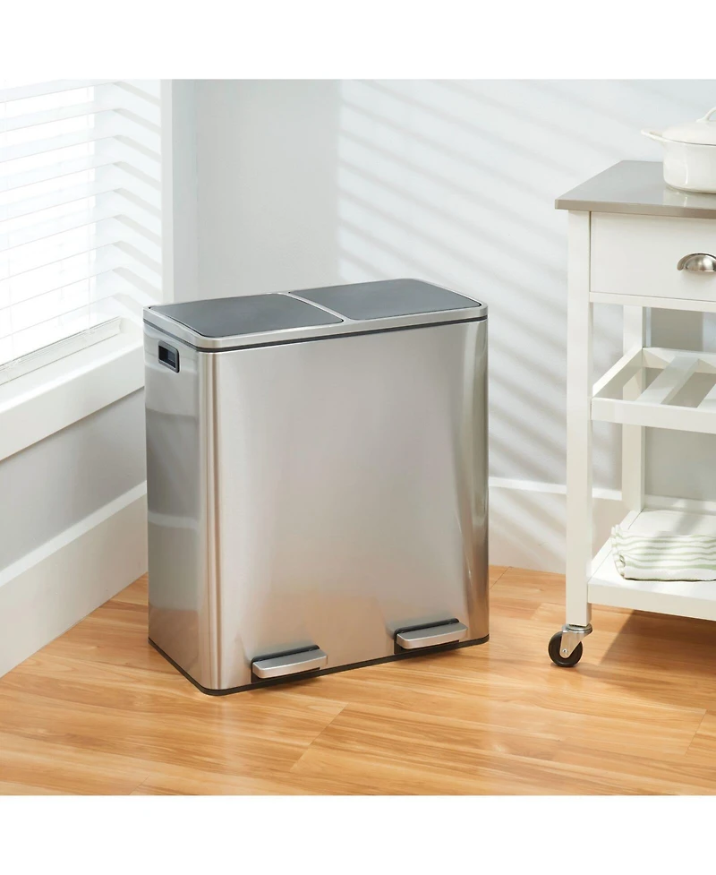 mDesign Metal Steel 60L Large Dual Compartment Step Trash Can - Brushed Chrome