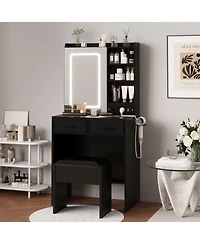 Gaomon Black 2-Drawer Vanity Desk Set, Lighted Makeup Table with Power Outlet, Usb Ports & Stool