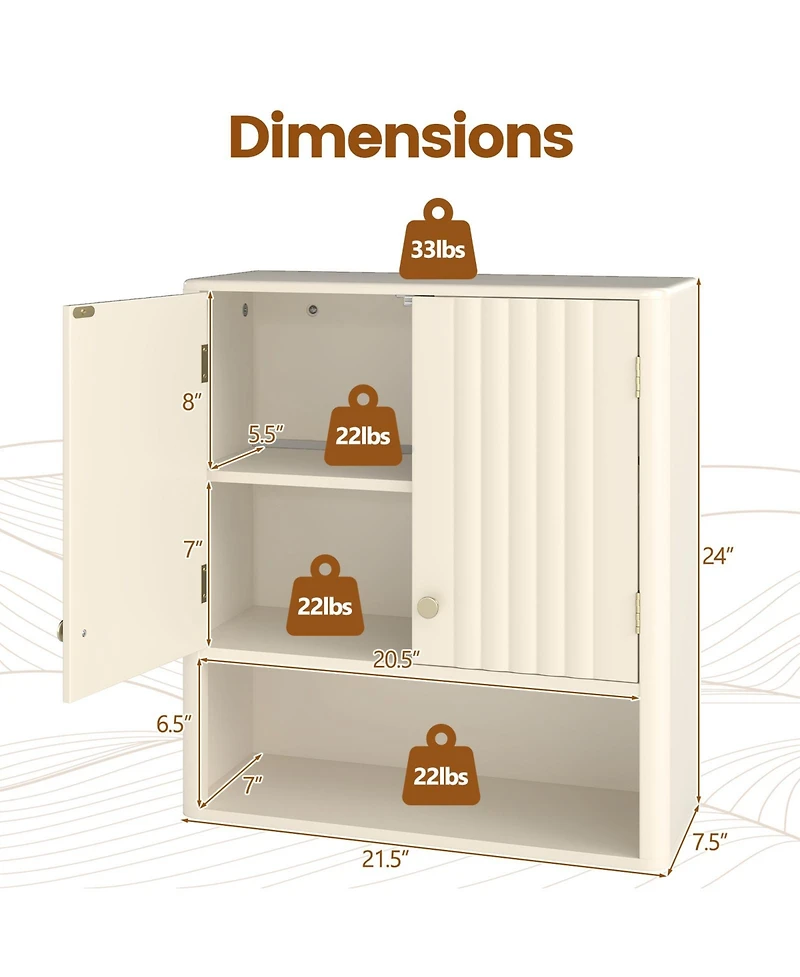 sumyeg Fluted Bathroom Wall Storage Cabinet with Open Shelf Organizer