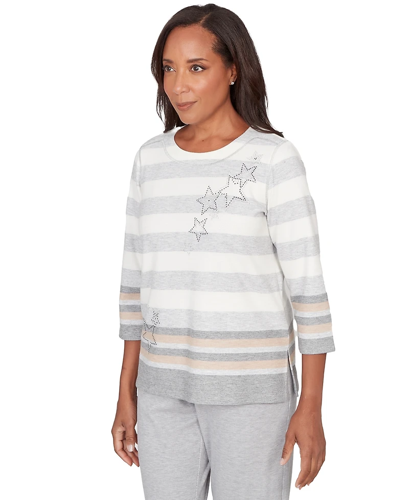 Alfred Dunner Petite Stripe Embellished Crewneck Top