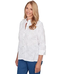 Alfred Dunner Petite Flower Embroidered Button-Down Top