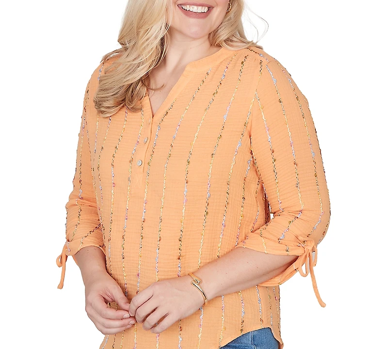 Alfred Dunner Petite Eyelash Gauze Textured Tie Sleeve Split Neck Top