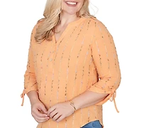 Alfred Dunner Petite Eyelash Gauze Textured Tie Sleeve Split Neck Top