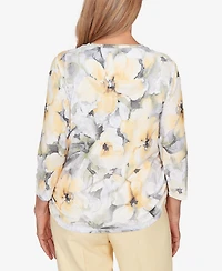Alfred Dunner Petite Al Fresco Watercolor Floral Side Ruched Top with Necklace