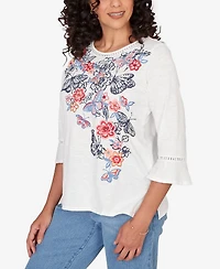 Alfred Dunner Petite Austin Embroidered Butterfly Crew Neck Knit Top