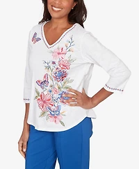 Alfred Dunner Petite The Royal Treatment Floral Butterfly Embroidered V-Neck Top