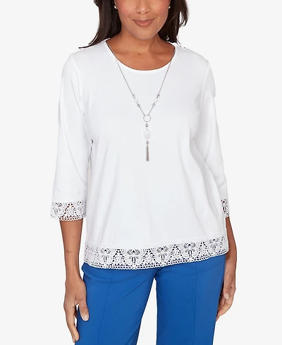 Alfred Dunner Petite The Royal Treatment Embellished Lace Trim Top with Necklace