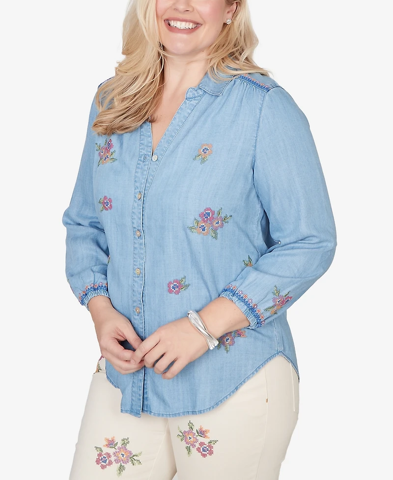 Alfred Dunner Petite Beachcomber Floral Embroidered Button Front Top