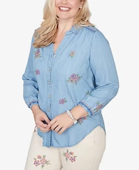 Alfred Dunner Petite Beachcomber Floral Embroidered Button Front Top