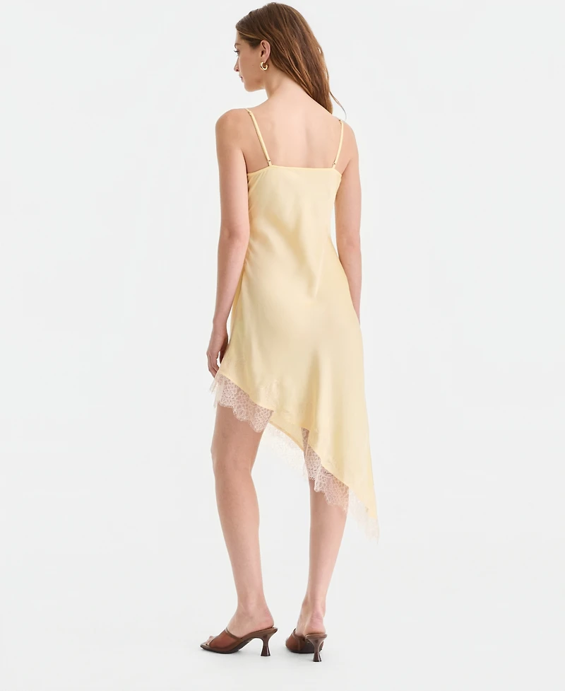 Bar Iii Women's Satin Lace-Trim Asymmetric-Hem Dress, Macy's Exclusive