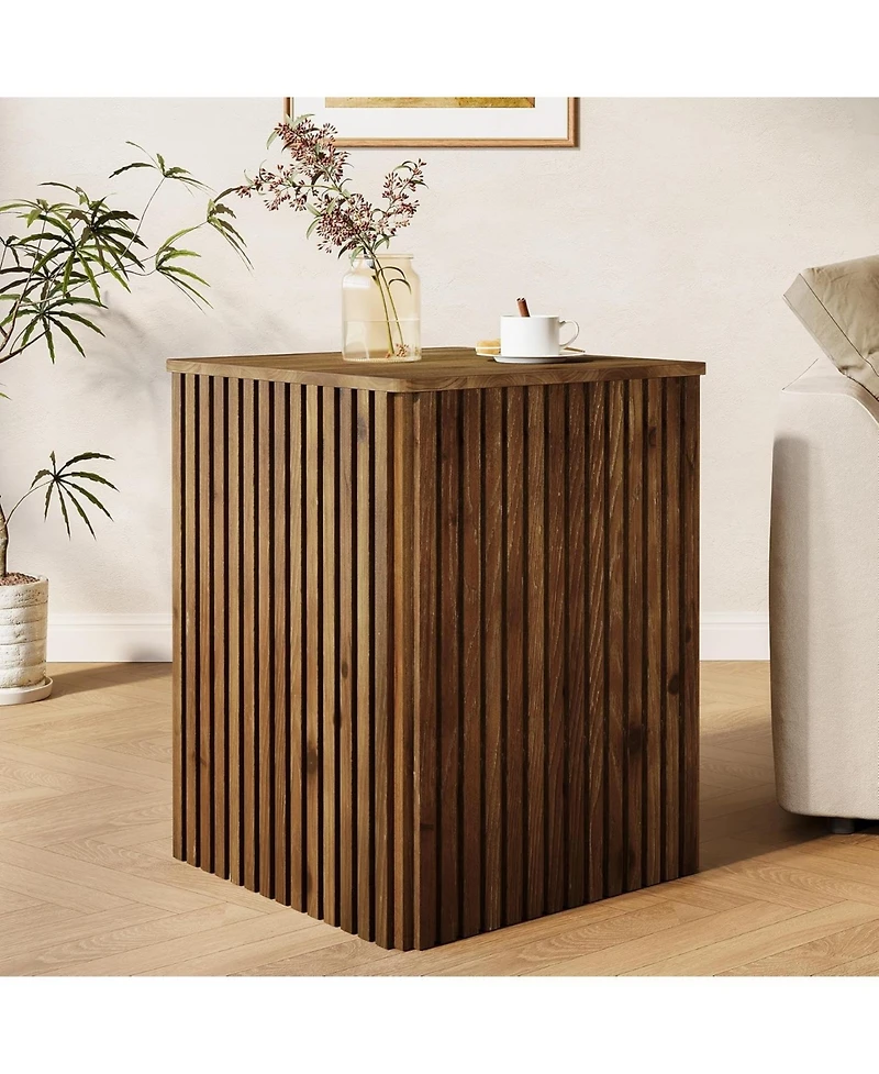Tribesigns Solid Wood Square End Table with Storage, Fluted Side Table for Living Room, Mid-Century Modern Bedside Nightstand with Removable Lid