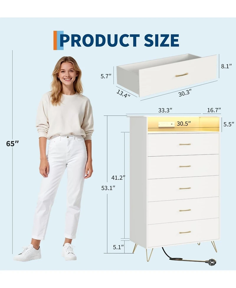 gaomon Modern 5-Drawer Tall Dresser for Bedroom, Wood Chest of Drawers with Silent Closing Slides, Water-Resistant White Storage Organizer