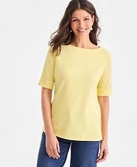 Style Co Womens Boat Neck Elbow Sleeve Cotton Top Pxs 4x Exclusively At Macys