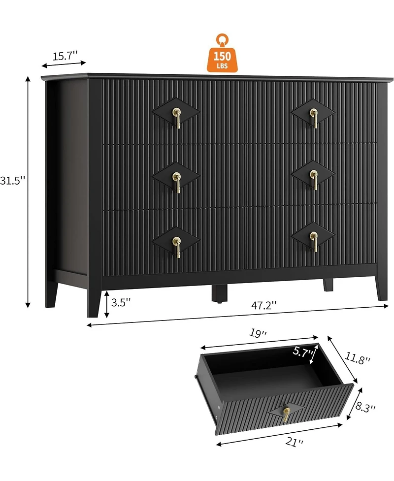 Gaomon Fluted Dresser 47" Wide – 6-Drawer Modern Wood Chest for Bedroom, Stylish Storage Cabinet Living Room, Hallway, or Entryway, Gr
